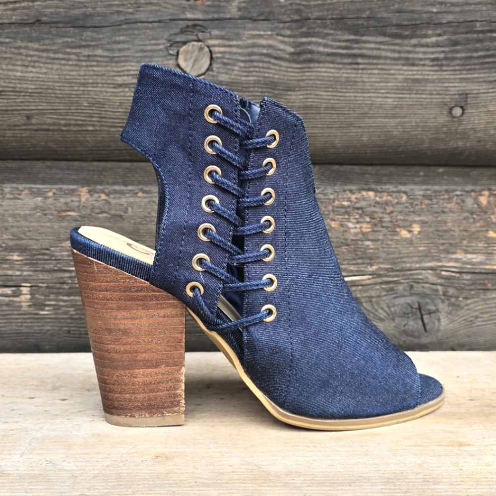 C Comfort Y2K Boho Revival Denim Open Toe  Stacked Block Heel Comfort Bootie 7M
